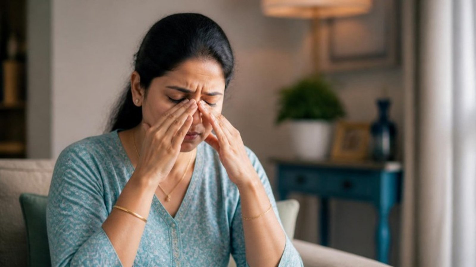 Woman pressing the bridge of her nose with sinus pressure and pain