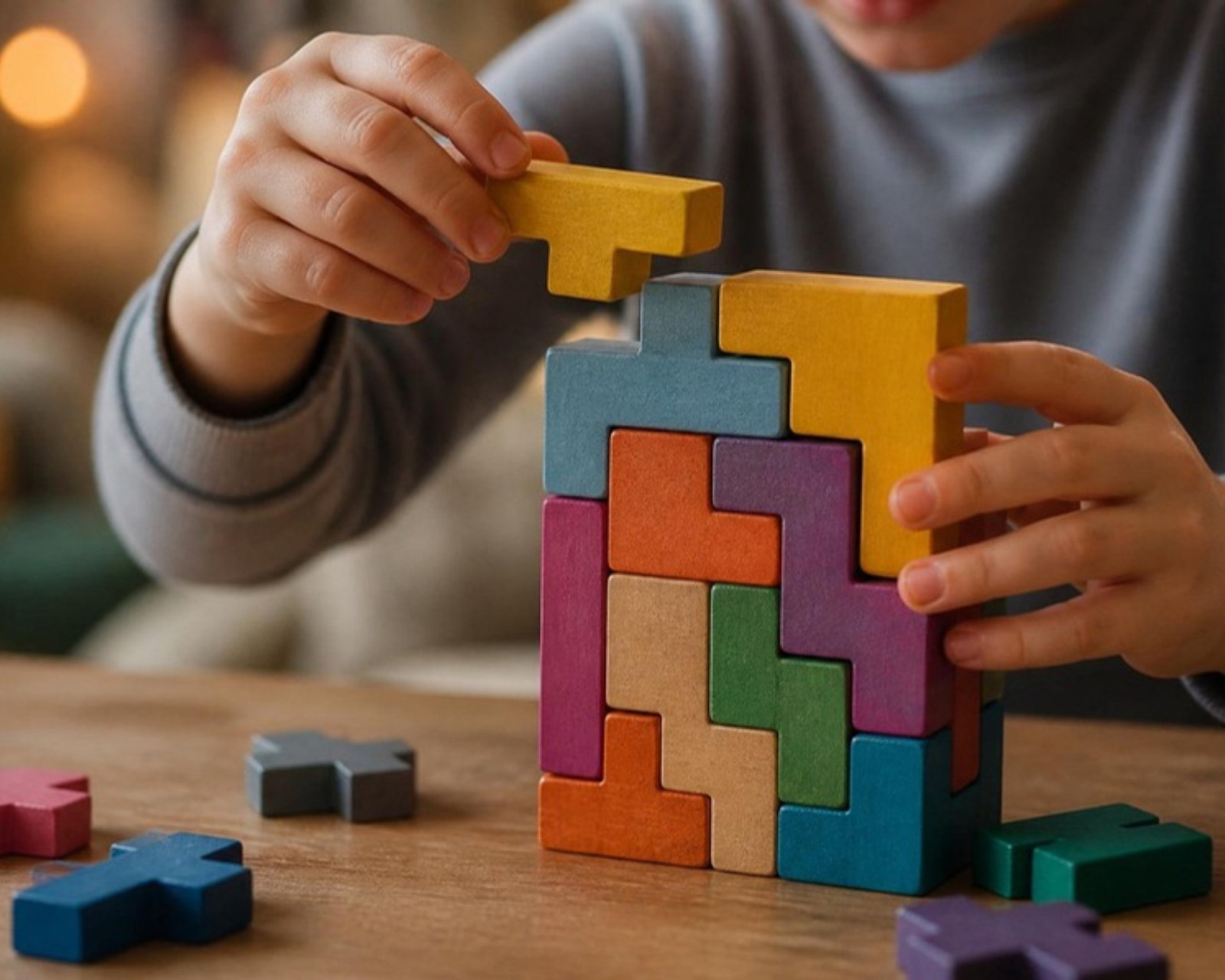 Child’s hands stacking colourful wooden puzzle blocks