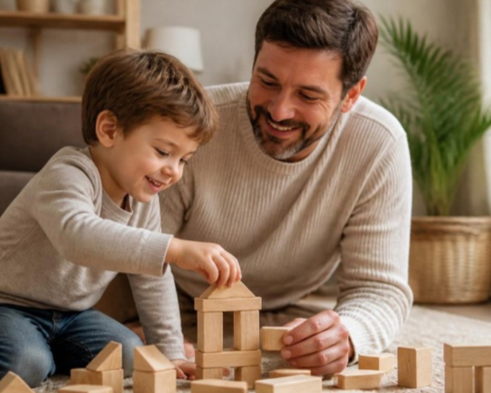 Parent and child bonding over building blocks at home