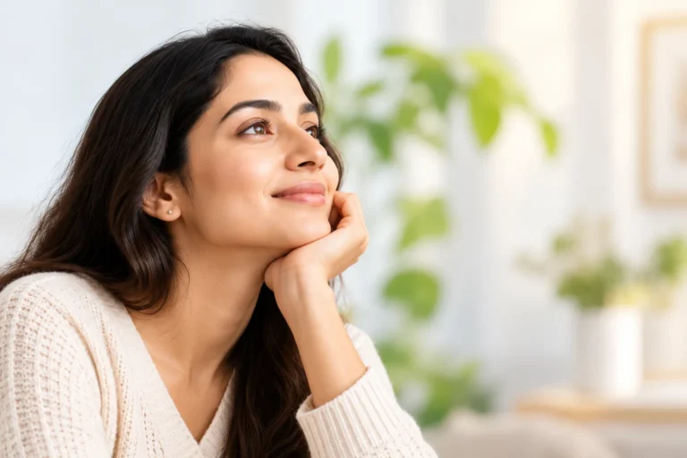 A woman resting her chin on her hand, looking hopefully into the distance