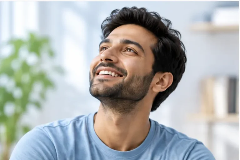 A smiling man looking upward in a bright room