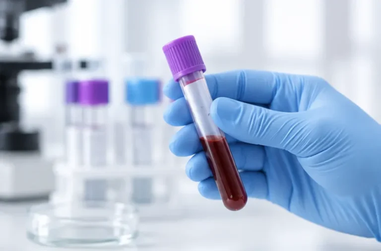 A gloved hand holding a blood sample tube in a laboratory