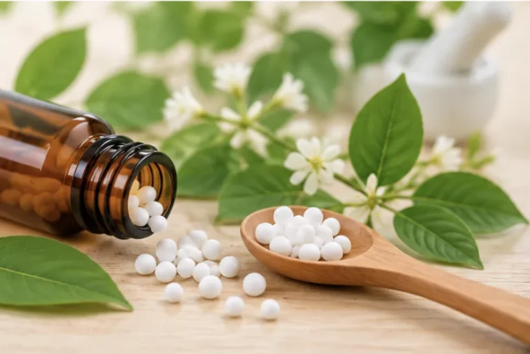 Homeopathic pills spilling from a brown bottle beside green leaves and a wooden spoon