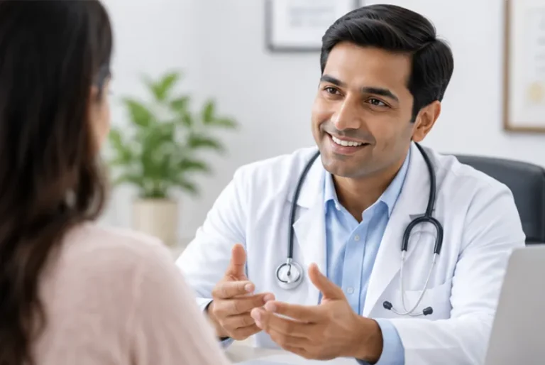 A doctor in a white coat talking with a patient during a consultation