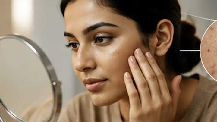 Woman examining her skin in a mirror