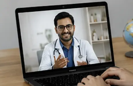 Patient reading about homeopathy treatment during an online consultation