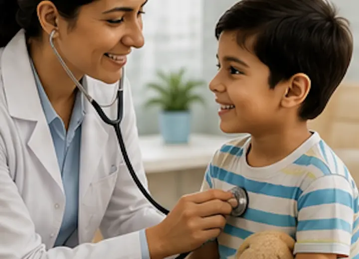 Doctor examining a child during a paediatric consultation