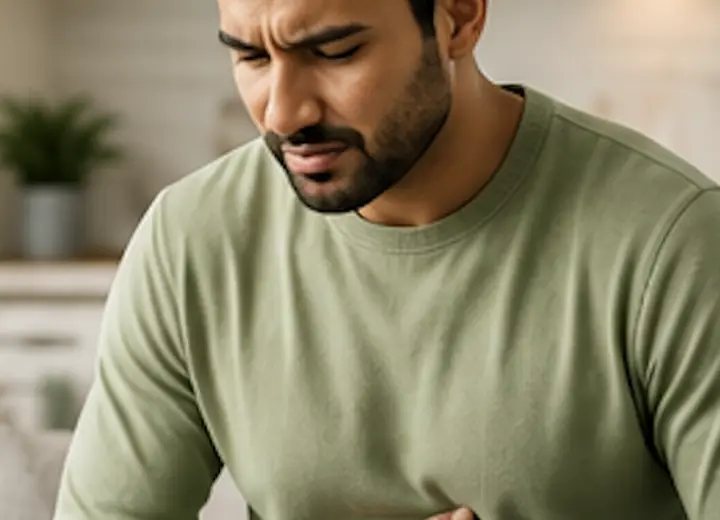 Man experiencing long-standing digestive discomfort