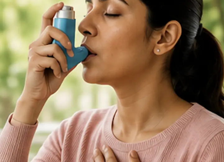 Woman using an inhaler for asthma